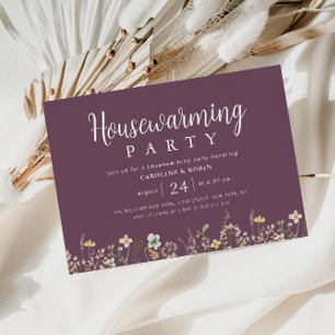 purple watercolor wildflowers housewarming party invitation