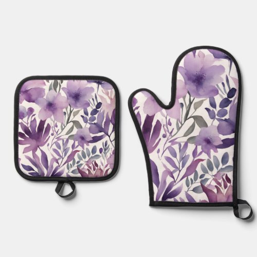 Purple Watercolor Wildflowers Oven Mitt  Pot Holder Set