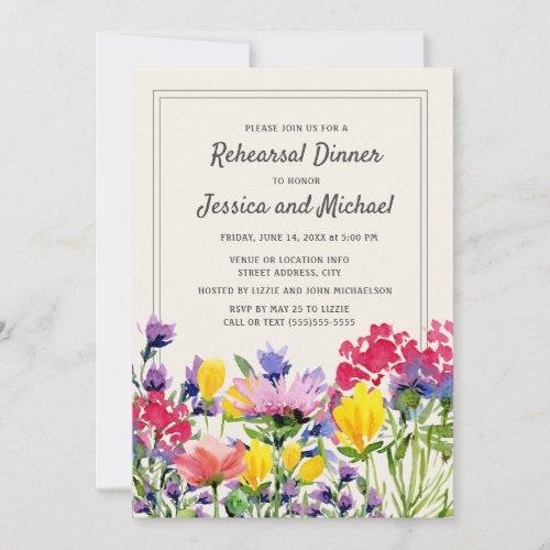 Purple Watercolor Wildflowers Rehearsal Dinner Invitation