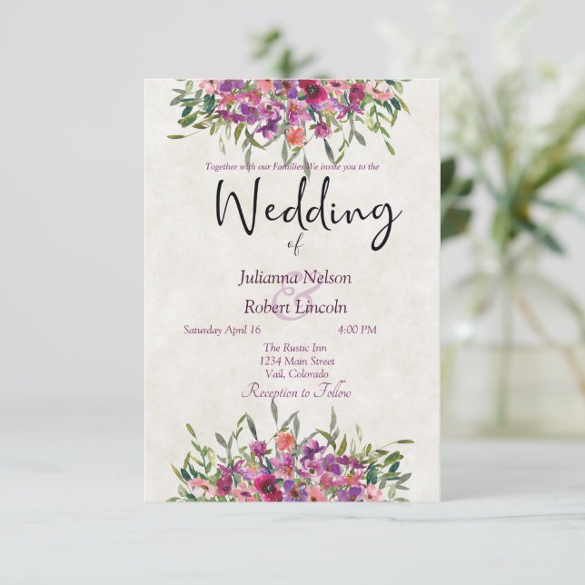 Purple watercolor wildflowers wedding invitation (Standing Front)
