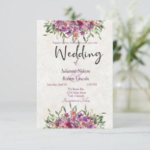 Purple watercolor wildflowers wedding invitation