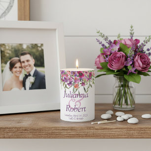 Purple watercolor wildflowers  wedding  pillar can candle