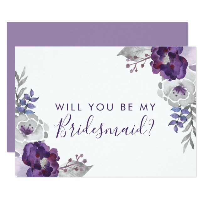 Purple Watercolor Will You Be My Bridesmaid Invitation