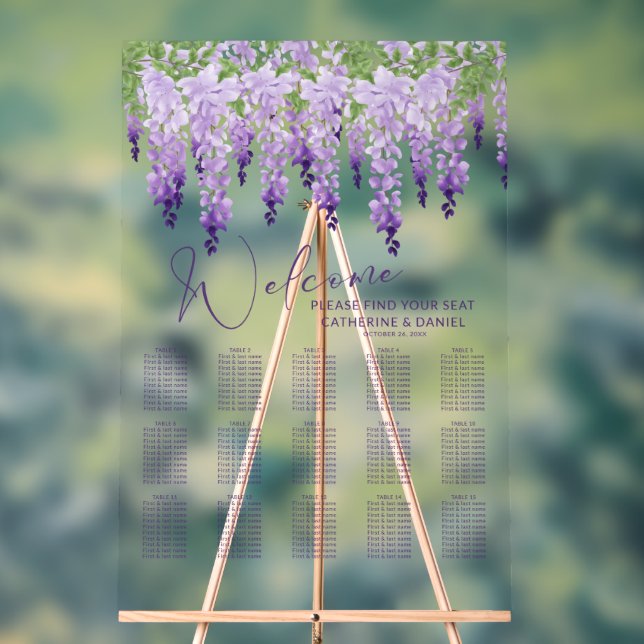 Purple Watercolor Wisteria Lilac Floral Wedding Acrylic Sign (Neutral)
