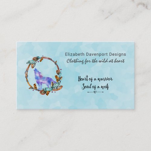 Purple Watercolor Wolf in a Boho Style Wreath Business Card