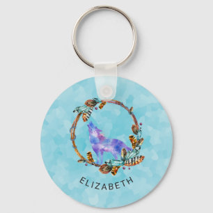 Purple Watercolor Wolf with a Boho Wreath Custom Keychain
