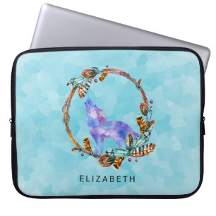 Purple Watercolor Wolf with a Boho Wreath Custom Laptop Sleeve