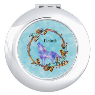 Purple Watercolor Wolf with a Boho Wreath Custom Mirror For Makeup