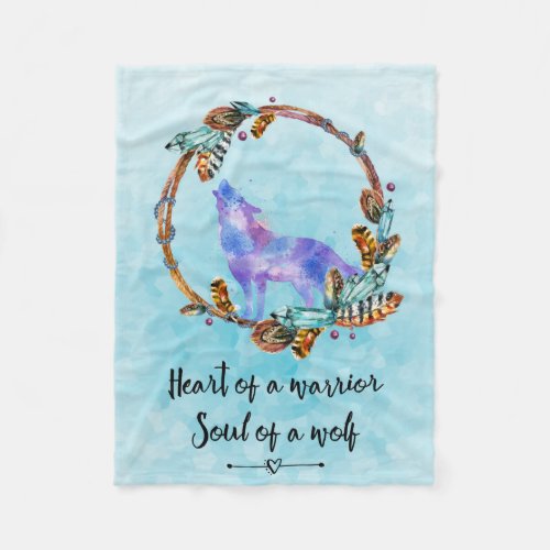 Purple Watercolor Wolf with a Boho Wreath Fleece Blanket