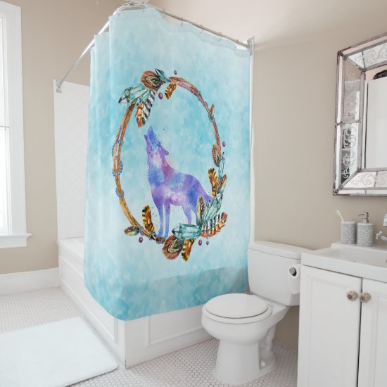 Purple Watercolor Wolf with a Boho Wreath Shower Curtain
