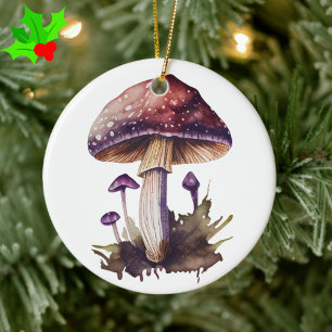 Purple Watercolor Woodland Mushroom Cottagecore Ceramic Ornament