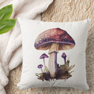 Purple Watercolor Woodland Mushroom Cute Rustic Throw Pillow