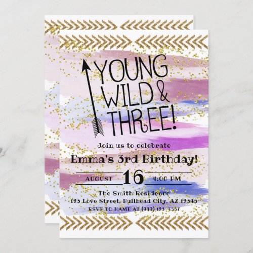 Purple Watercolor Young Wild  Three 3rd Birthday Invitation