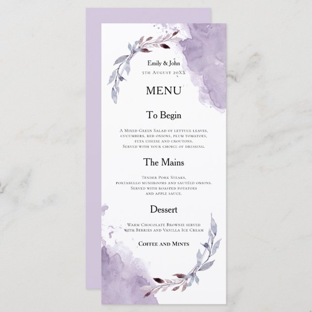 Purple Watercolors Foliage Text Wedding  Menu (Front/Back)