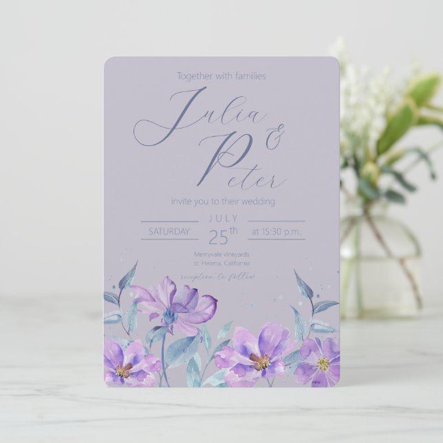 Purple watercolour floral wedding invitation (Standing Front)