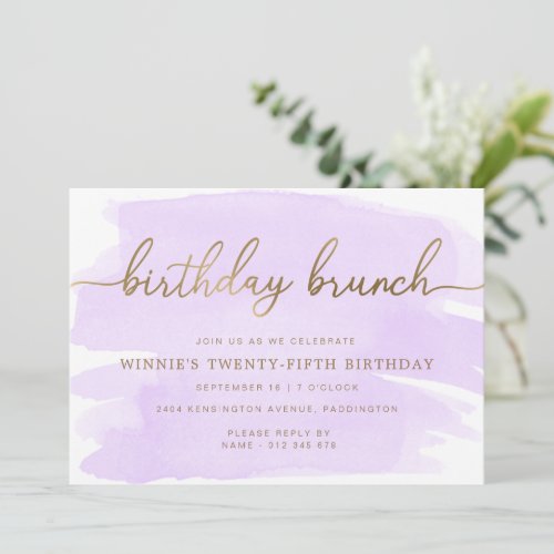 Purple Watercolour Gold Birthday Brunch Invitation
