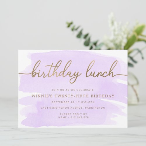 Purple Watercolour Gold Birthday Lunch Invitation