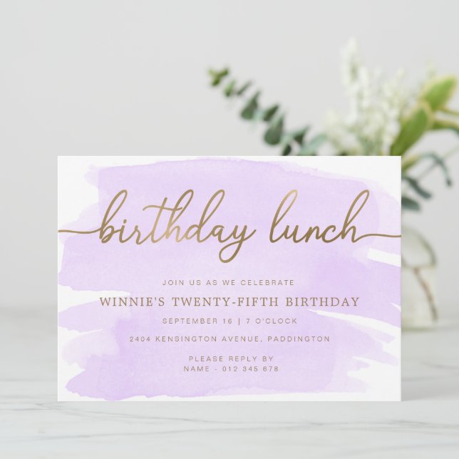 Purple Watercolour Gold Birthday Lunch Invitation (Standing Front)