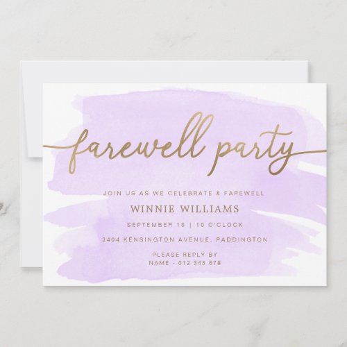 Purple Watercolour Gold Farewell Party Invitation