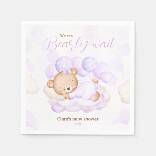 Purple We Can Bearly Wait Baby Shower Napkins 