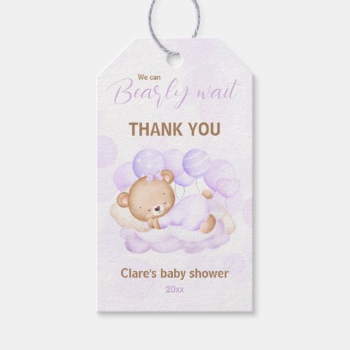 Purple We Can Bearly Wait Bear Baby Shower Favor Gift Tags