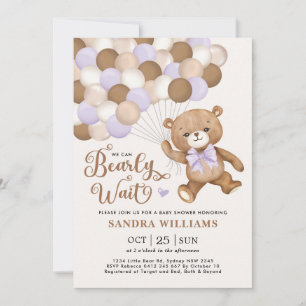 Purple We Can Bearly Wait Teddy Bear Baby Shower Invitation