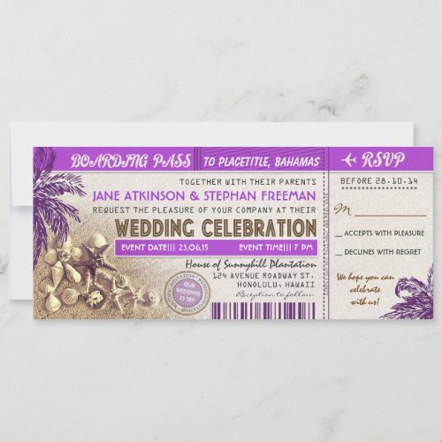 purple wedding boarding pass tickets personalized invites