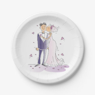 Purple Wedding Bride And Groom Cartoon Paper Plates
