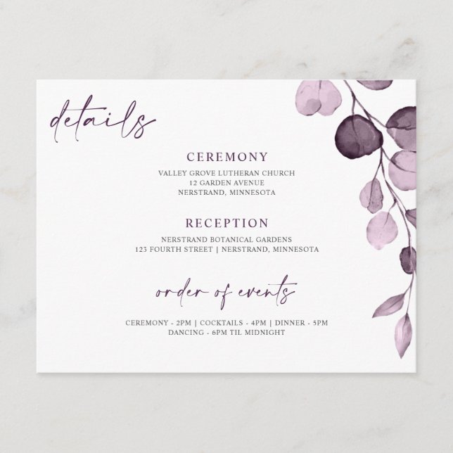 Purple Wedding Details Card Floral Garden (Front)