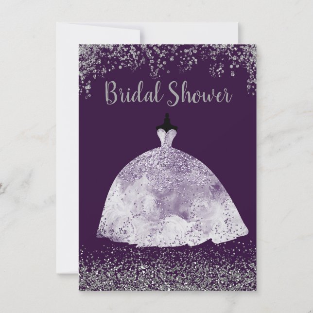 Purple Wedding Dress Silver Glitter Bridal Shower Invitation (Front)