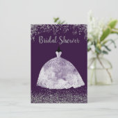 Purple Wedding Dress Silver Glitter Bridal Shower Invitation (Standing Front)