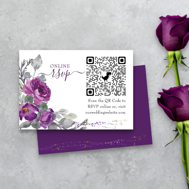 Purple Wedding Floral Online RSVP QR Code Enclosure Card (Purple floral online RSVP card with QR Code from my Plush Purple Wedding Collection )