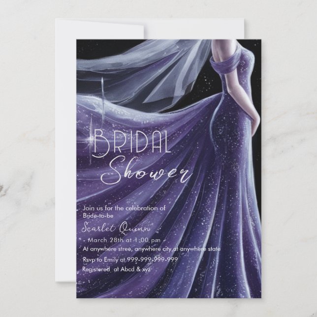 purple wedding gown bridal shower #2 invitation (Front)