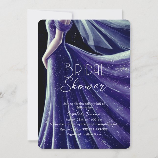 purple wedding gown bridal shower #5 invitation (Front)