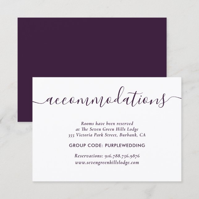 Purple Wedding Hotel Accommodation Cards (Front/Back)