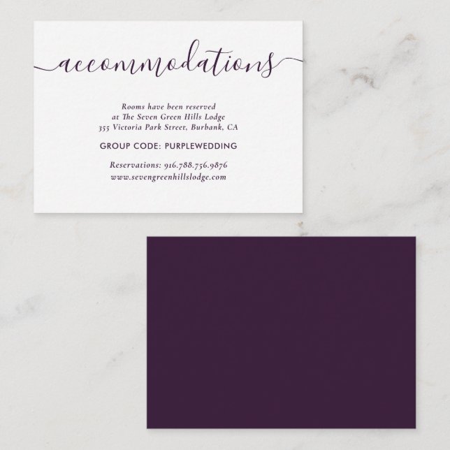 Purple Wedding Hotel Accommodation Cards (Front/Back)