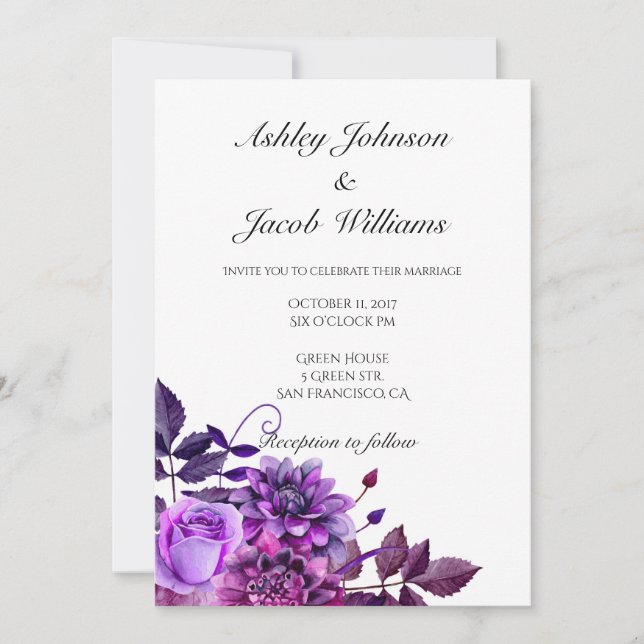 Purple wedding invitation. Lavender flowers invite (Front)