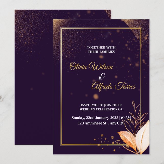 purple wedding invitation with gold colors (Front/Back)