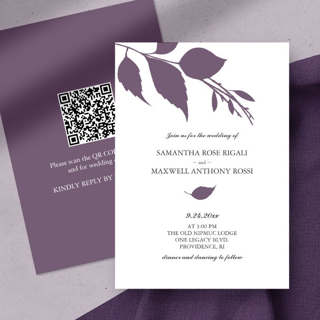 Purple Wedding Invitation with QR Code (QR code wedding invitation botanical purple leaves minimalistic)