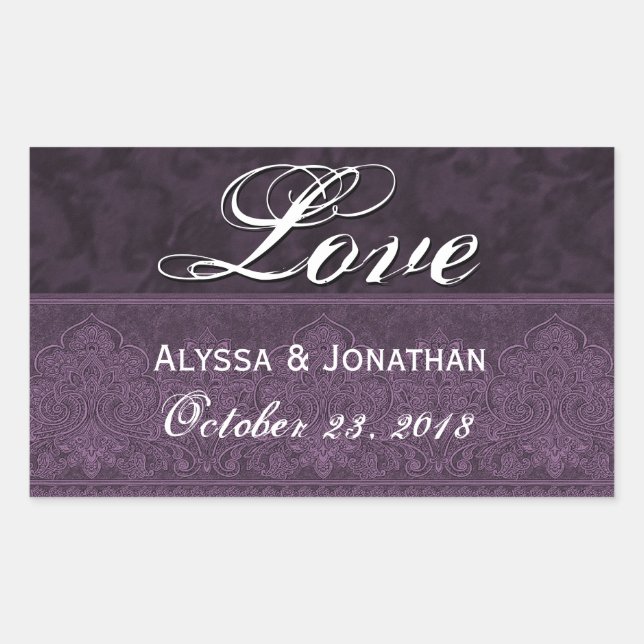 Purple Wedding Love Damask and Ribbon Rectangular Sticker (Front)