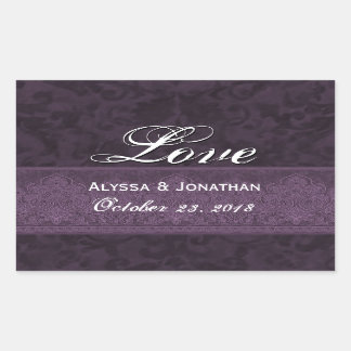 Purple Wedding Love Damask and Ribbon Rectangular Sticker