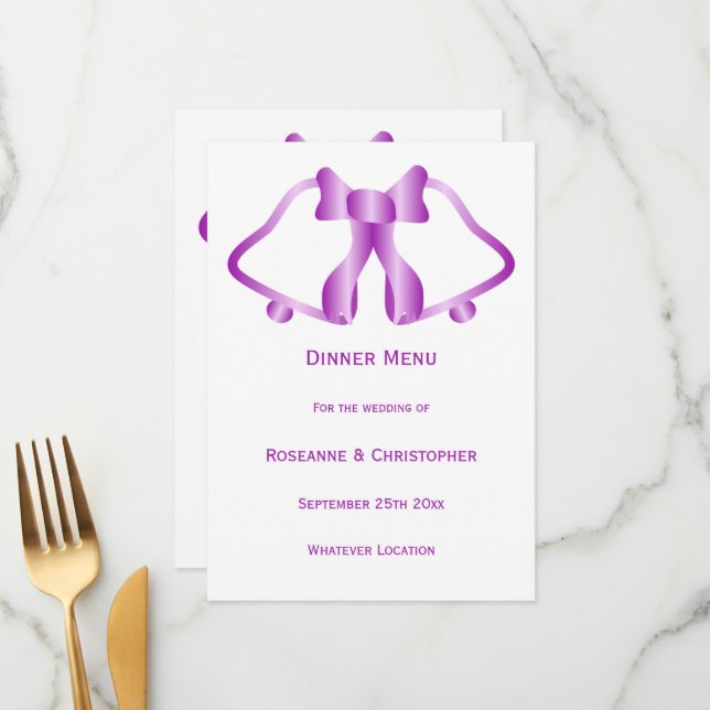 Purple Wedding Menu Bells And Ribbon (Front/Back In Situ)