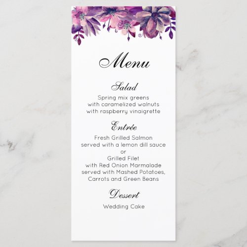 Purple wedding menu Floral dinner menu watercolor