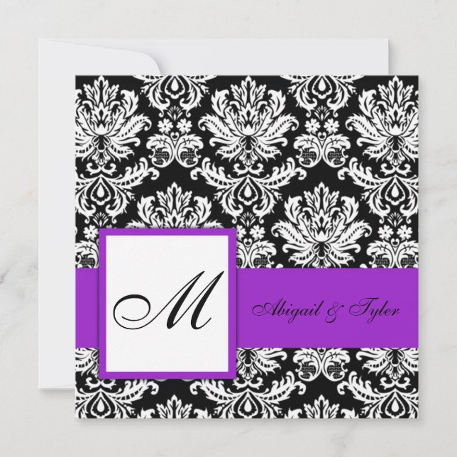 Purple Wedding Monogram Damask Invitation (Front)