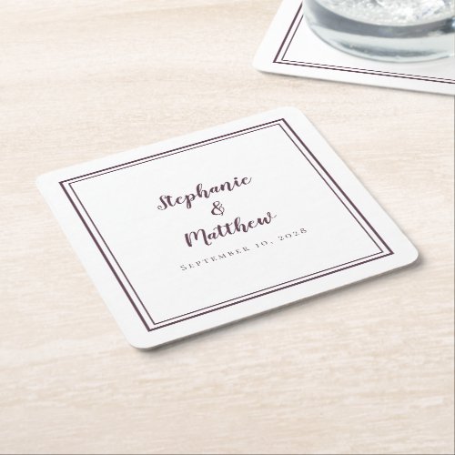 Purple Wedding Names Date Simple Modern Minimalist Square Paper Coaster