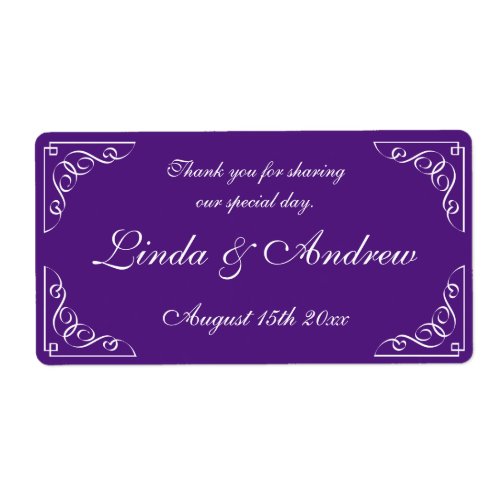 Purple wedding party favor water bottle labels