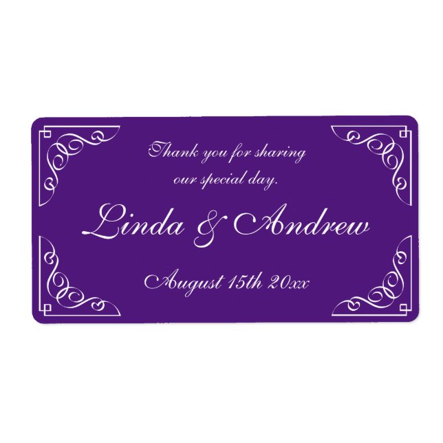 Purple wedding party favor water bottle labels (Front)