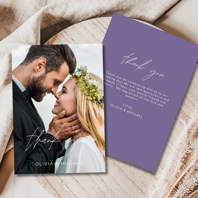 Purple Wedding Photo Minimalist Thank You Card (Creator Uploaded)