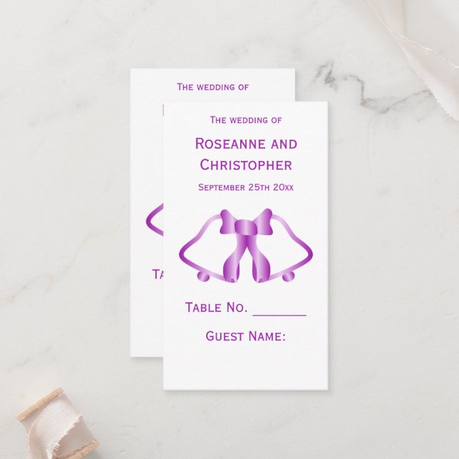 Purple Wedding Place Setting Card Bells Ribbon (Front/Back In Situ)