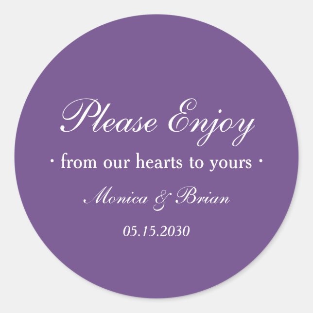 Purple Wedding Please Enjoy Favor Classic Round Sticker (Front)